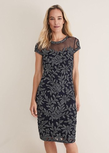 Phase Eight Zila Tapework Dress Navy/White Australia | BK7645908